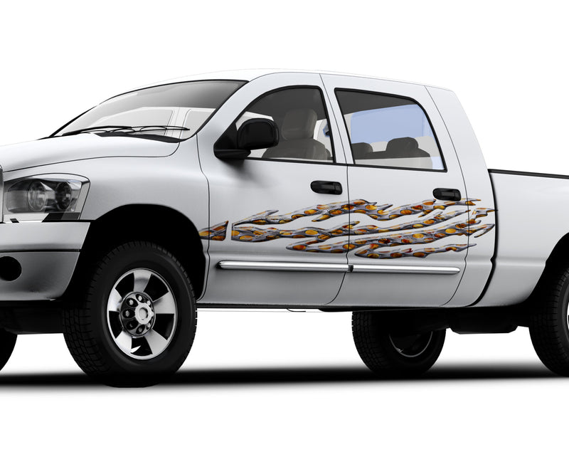 barbwire flames vinyl graphics on the side of white truck